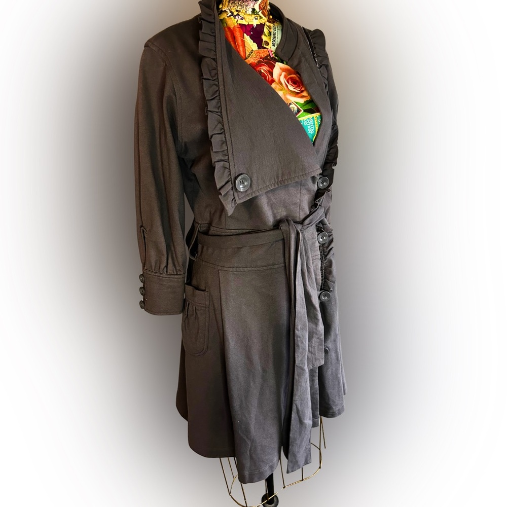 Nick & Mo Stylish Grey Trench Coat with Ruffle Details